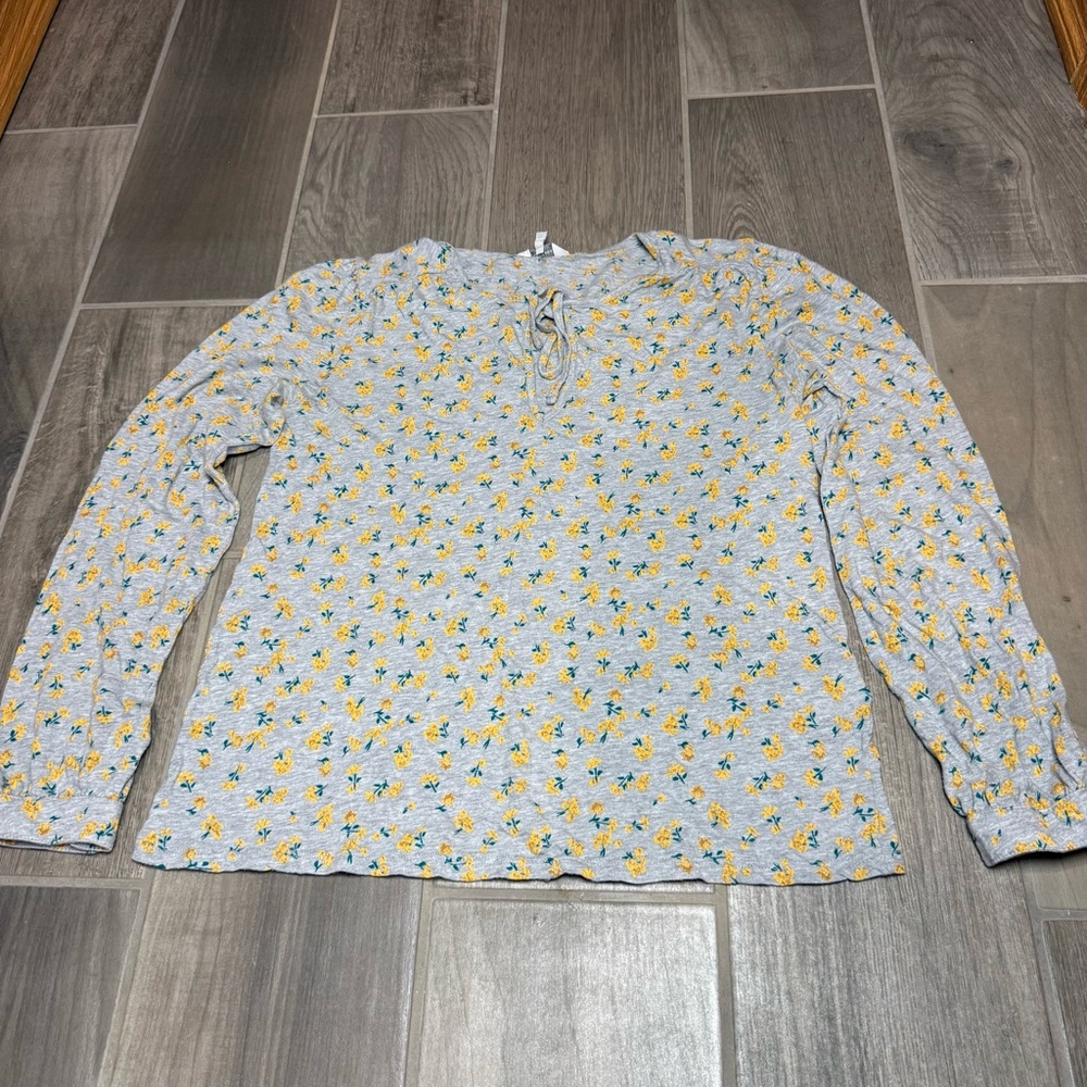 Lucky Brand Women’s Small Petite Gray Yellow Floral Long Sleeve Top Tie Neck